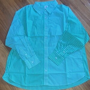 CAbi Women’s Green and White Striped Button Front Shirt XL New